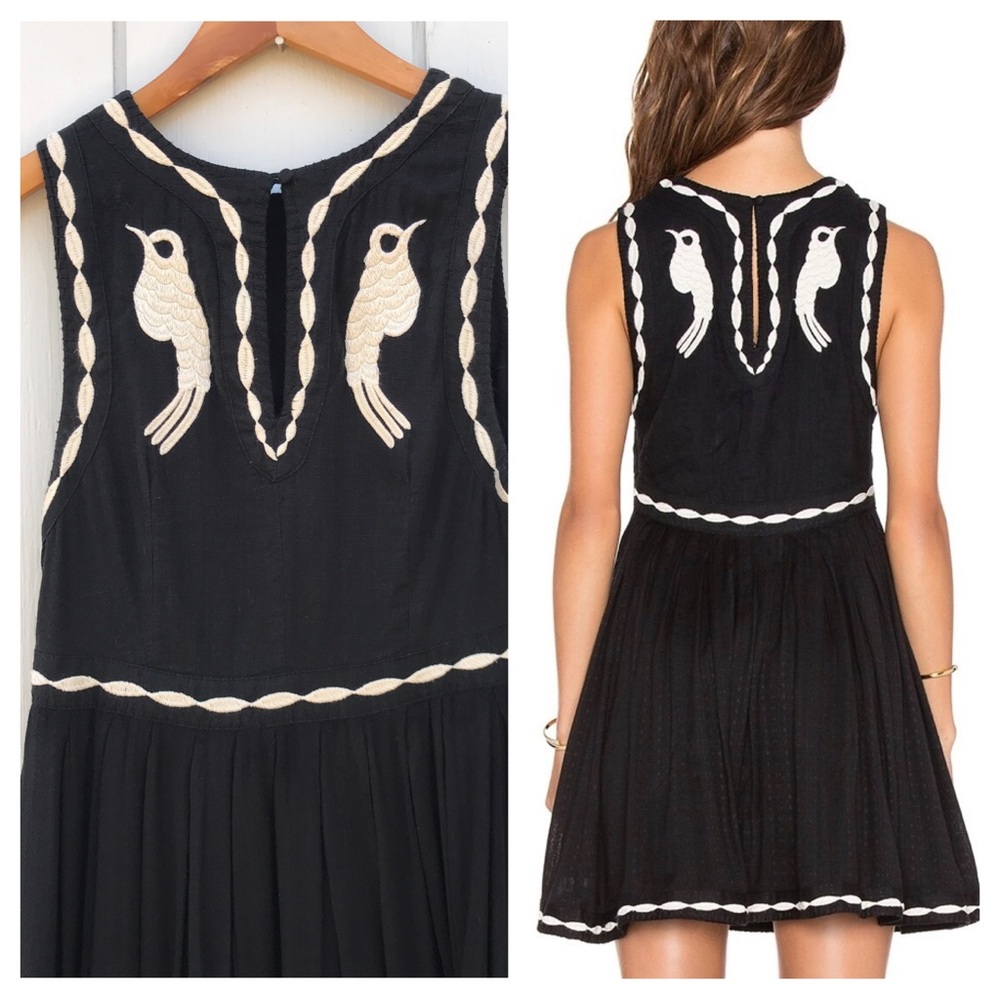 Free People Black Dress with Cream Bird Embroidery